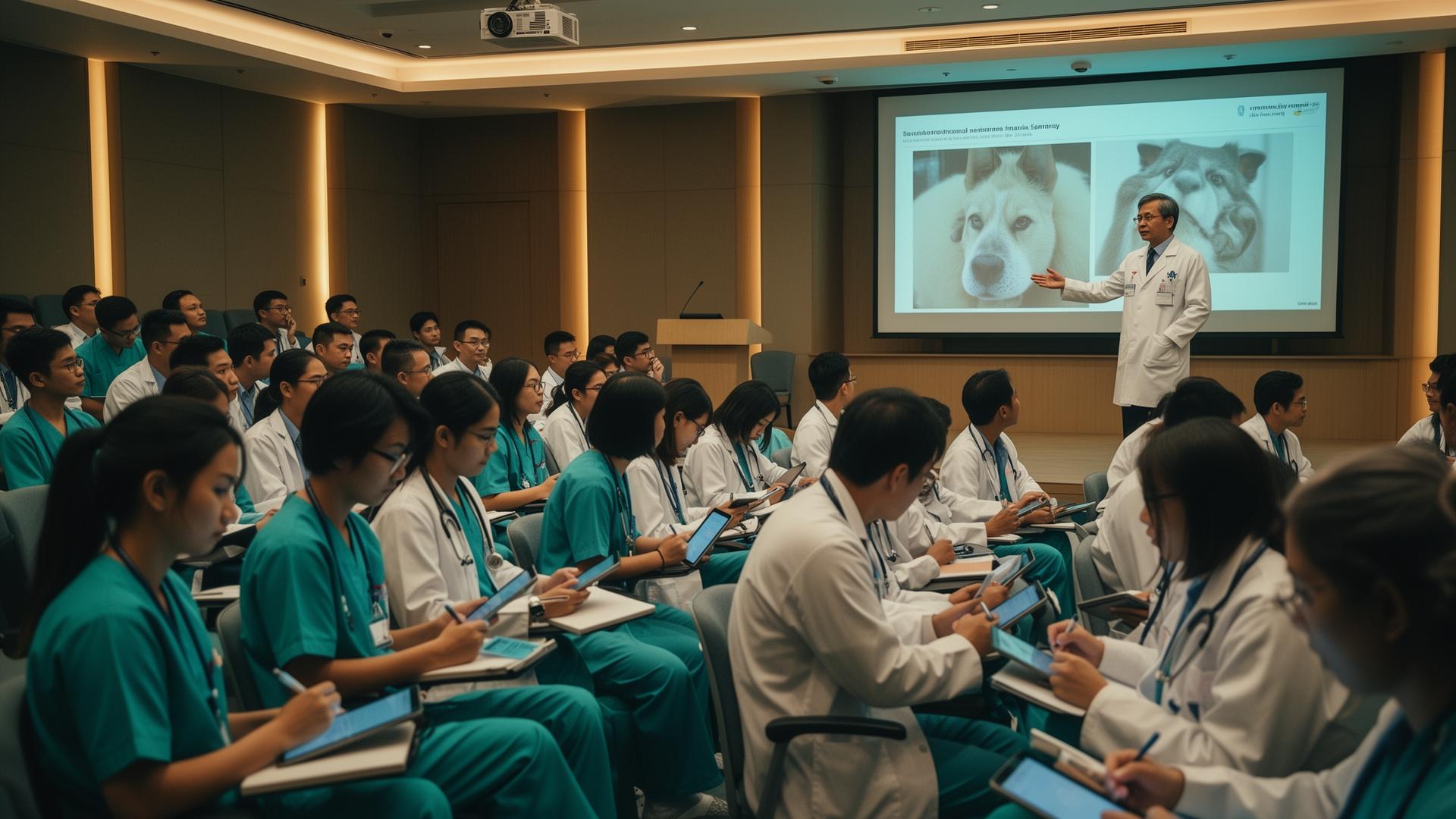 Specialist lecturing veterinary professionals at a CPE seminar